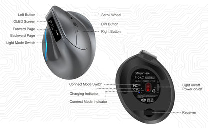 Lefon F26C Vertical Wireless Ergonomic Mouse with OLED Screen, Bluetooth Rechargeable RGB Mouse, 3200 DPI Optical Gaming Mouse for PC & Laptop