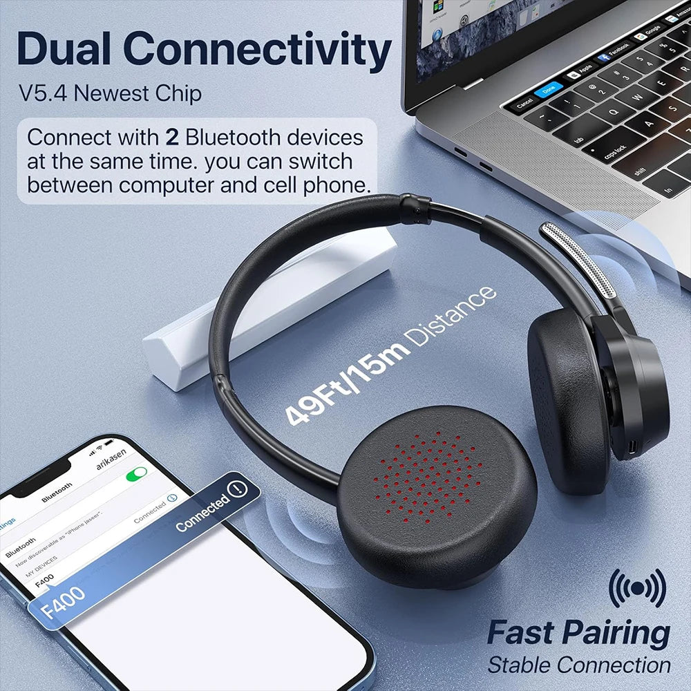 Bluetooth Headset V5.4 Wireless Headphones with Mic, Noise Cancelling Bluetooth Headset for Work, Office Calls, Zoom Meetings, Laptop & Mobile
