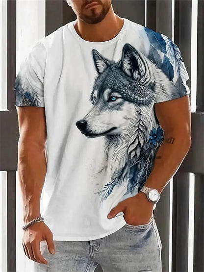 T-shirt da uomo con stampa 3D lupo, girocollo casual, maniche corte, tessuto traspirante e confortevole, abbigliamento streetwear outdoor da uomo