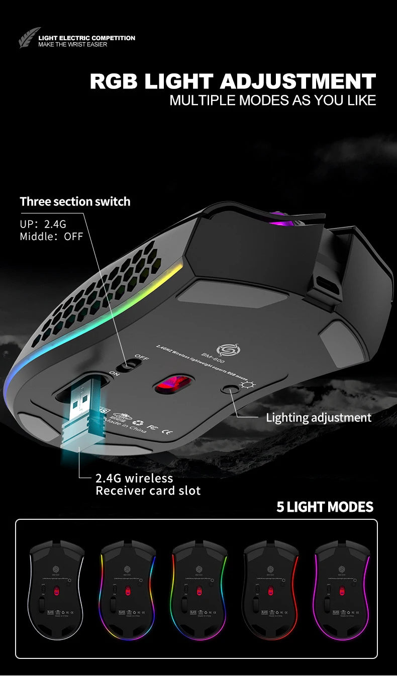 BM600 Rechargeable Wireless Gaming Mouse, 2.4G RGB Honeycomb Gaming Mouse with 12000 DPI, 7 Programmable Buttons, USB Gaming Mouse for PC & Laptop