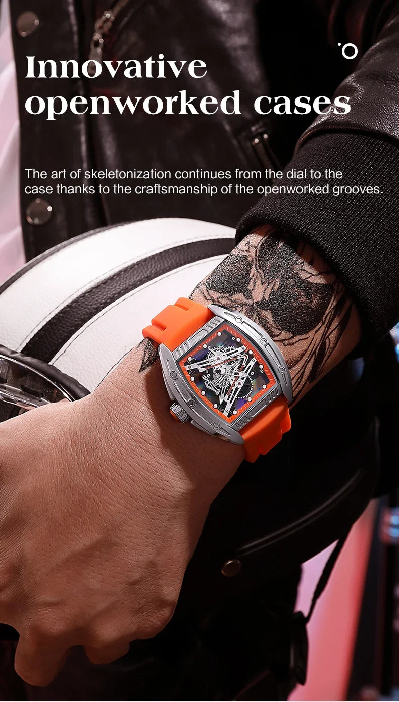 2026 Men's Automatic Mechanical Watch with Stainless Steel Case Silicone Band Skeleton Dial Waterproof Sport Wristwatch