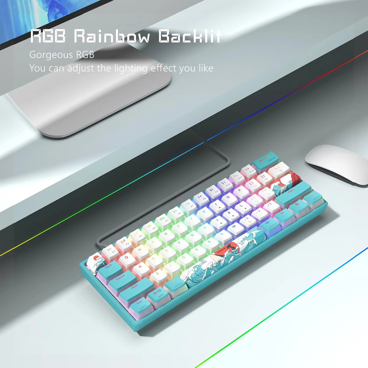 Womier WK61 Mechanical Keyboard RGB Wired Gaming Keyboard Hot-Swappable Blue Sea Theme with PBT Keycaps for Windows PC Gamers