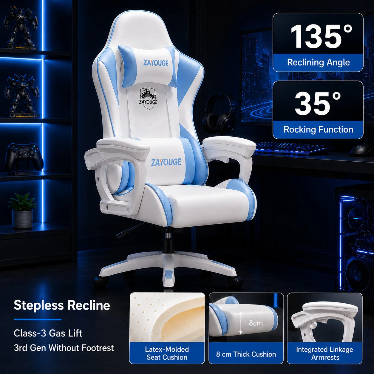 AOLIVIYA Gaming Reclining Chair Ergonomic Office Chair with Footrest, Adjustable Swivel Computer Chair, Racing Style E-Sports Gaming Seat