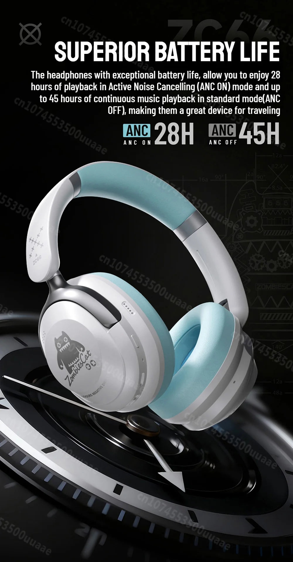 Zombies Cat S10 ANC Bluetooth Headphones with 45dB Noise Cancellation, HiFi Stereo Wireless Over-Ear Headset with Mic