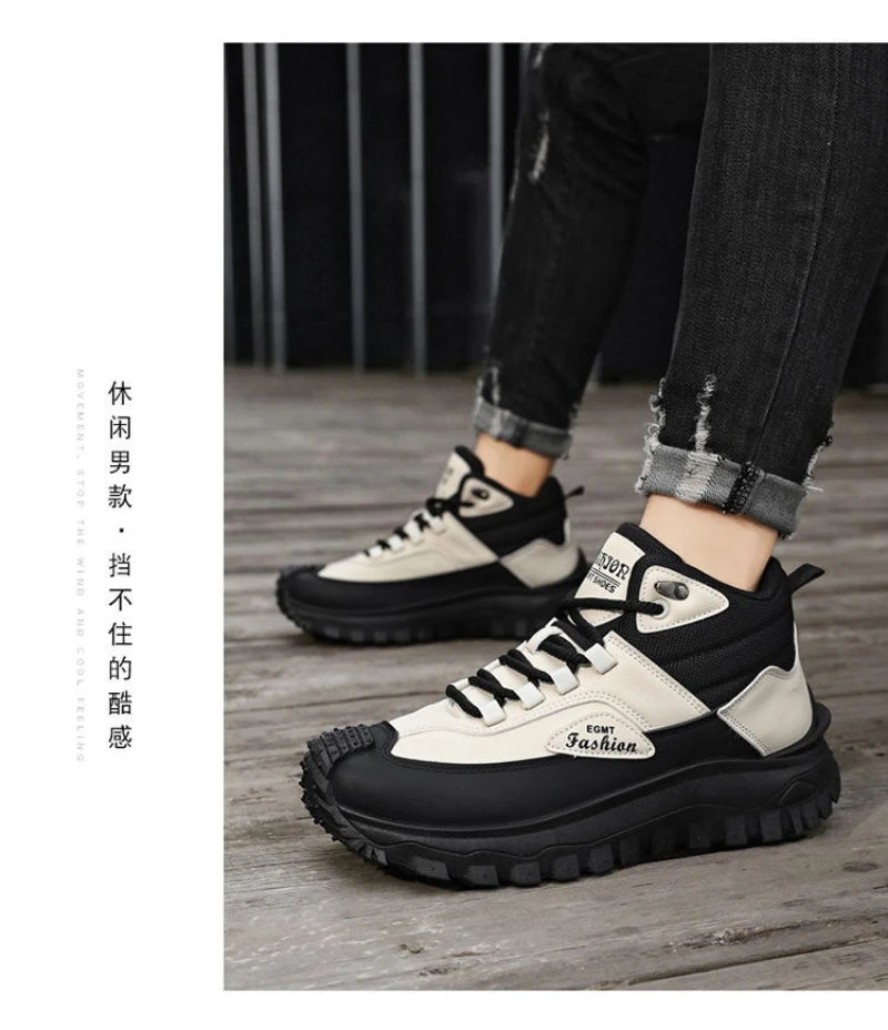 Botas de senderismo de caña media para hombre, en blanco y negro, de cuero impermeable, con plataforma, zapatillas antideslizantes para exterior, calzado informal con suela resistente
