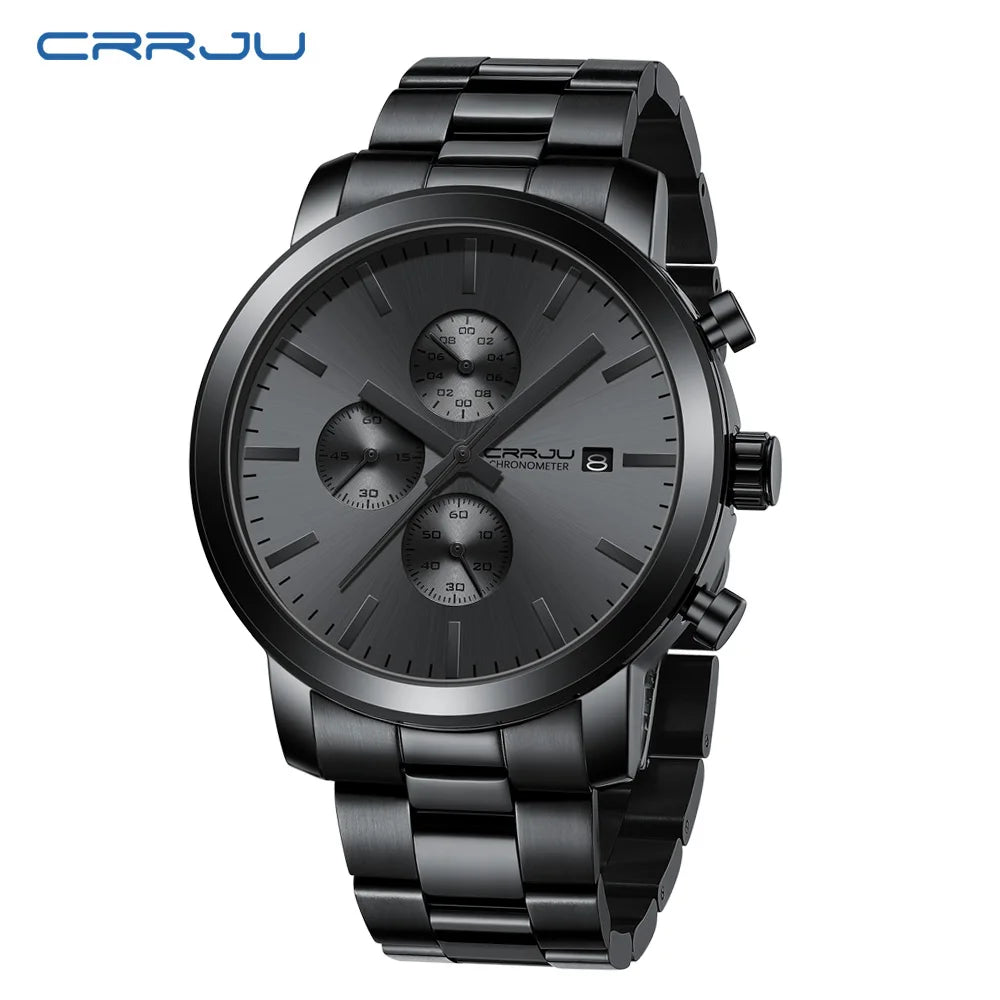 Relógio para homem CRRJU – Cronógrafo em aço inoxidável, estanque, com indicador de data, movimento analógico de quartzo, estilo elegante e profissional