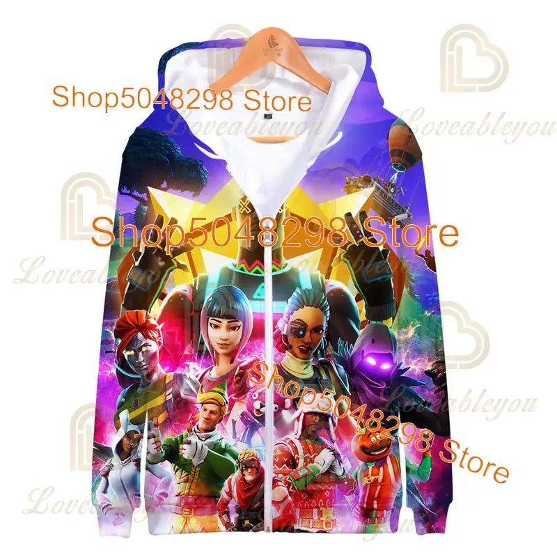 Sweatshirt Fortnite para Adultos e Crianças, Hoodie Infantil com Fecho, Estampado 3D de Jogo, para Rapazes e Raparigas, Estilo Harajuku, Manga Comprida, Roupa para Adolescentes