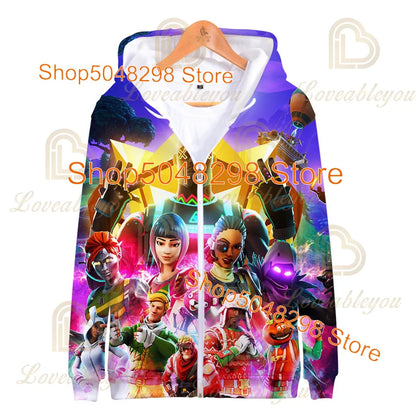 Sweatshirt Fortnite para Adultos e Crianças, Hoodie Infantil com Fecho, Estampado 3D de Jogo, para Rapazes e Raparigas, Estilo Harajuku, Manga Comprida, Roupa para Adolescentes