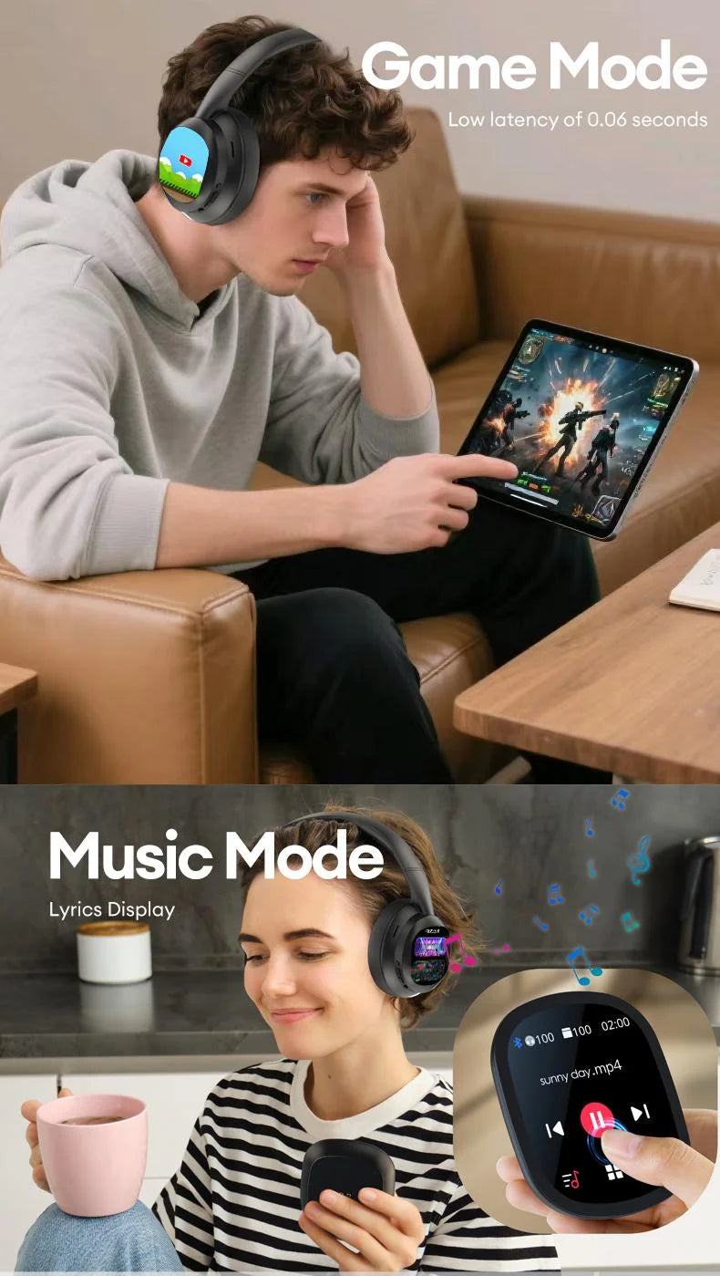 AI LCD Touch Screen Wireless Bluetooth Headphones – ANC Noise Cancelling Deep Bass Gaming Headset with HD Mic