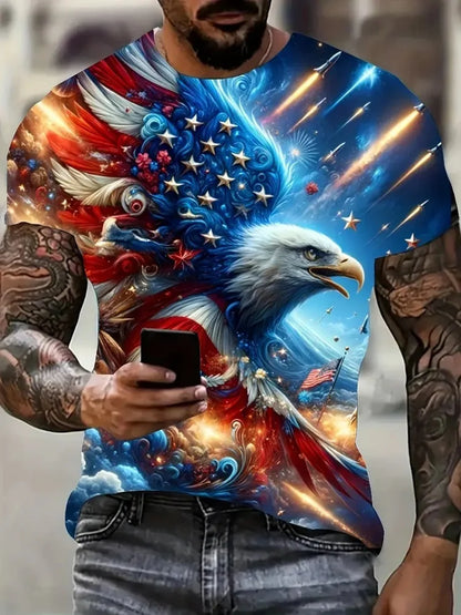Men's Patriotic 3D Eagle Print T-Shirt Casual Crew Neck Short Sleeved Pullover for Summer Fashion Outdoor Activities Men Clothes