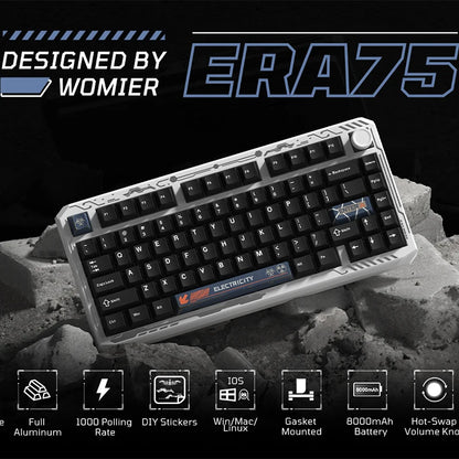 Womier ERA75 V2 75% Wireless Aluminum Mechanical Keyboard with VIA/QMK Knob 3-Mode Gasket Hot Swappable Keyboard for PC Computer