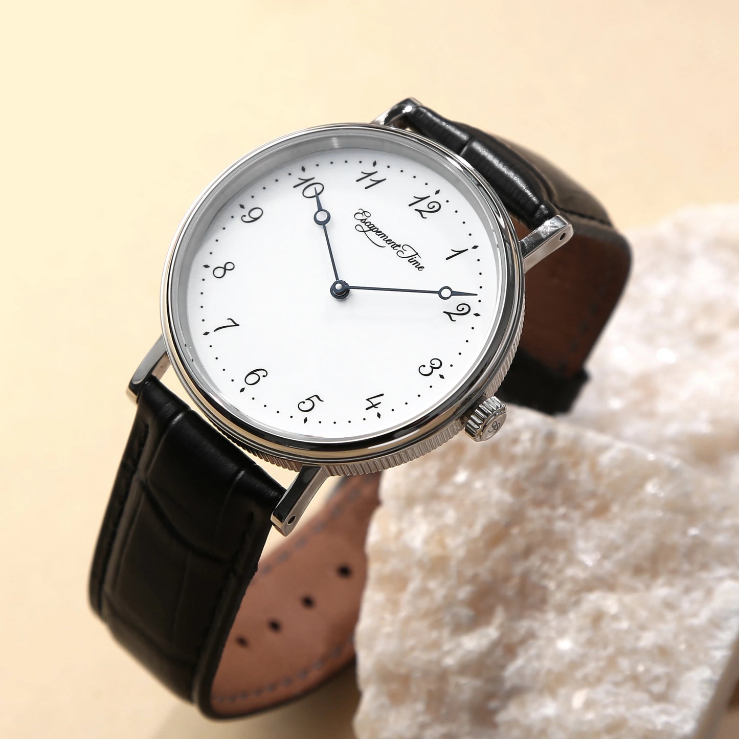 【Escapement Time】Quartz Movement Watch 38.5mm Case Enamel White Waterproof 50M Blue Heat Treatment Hand