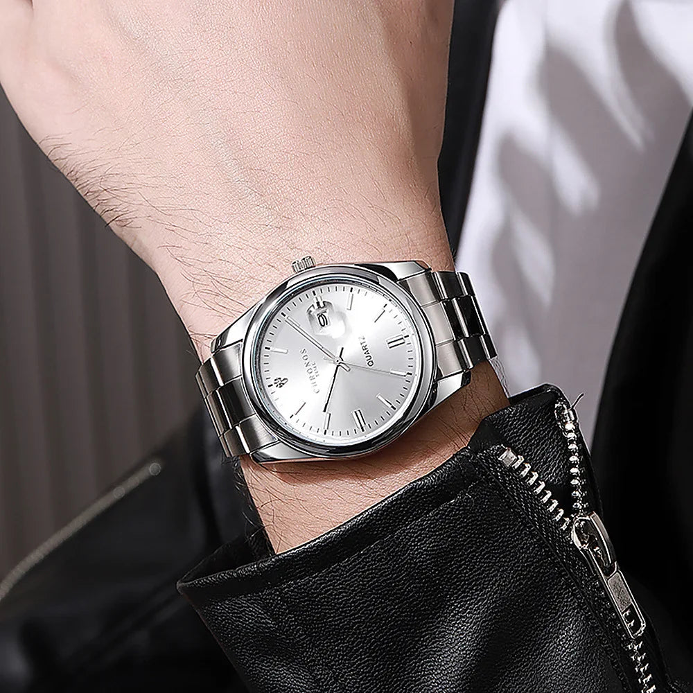 Męski zegarek na rękę CHRONOS – luksusowa marka, wodoodporny, podświetlany, z datownikiem, ze stali nierdzewnej, z mechanizmem kwarcowym.