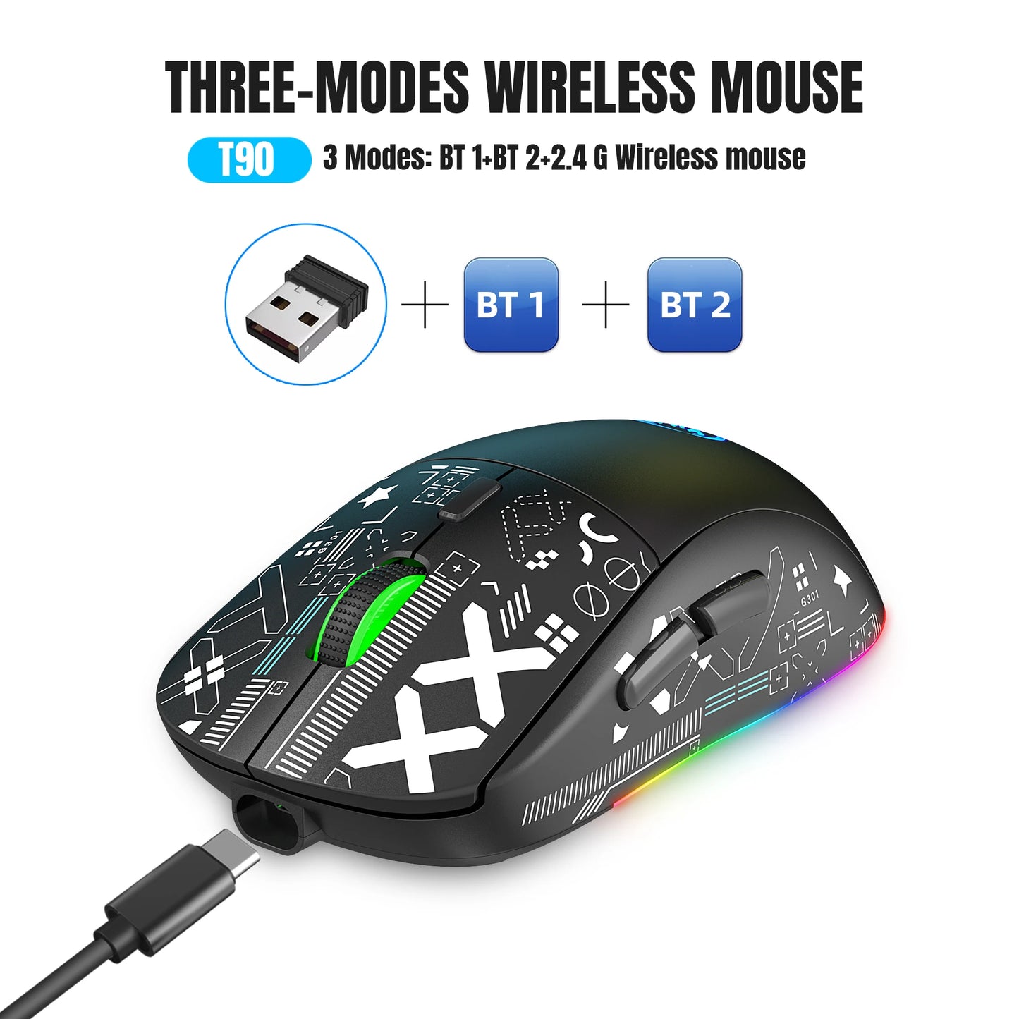 HXSJ T90 Bluetooth Gaming Mouse, 3 Modes Wireless Rechargeable RGB Gaming Mouse, Bluetooth 5.3 & 2.4G USB Gaming Mouse for PC, Laptop, Mac, iPad & Tablet