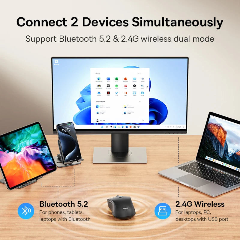 Baseus F02 Ergonomic Wireless Mouse with Bluetooth 5.2, 2.4G, 4000 DPI & 7 Silent Buttons