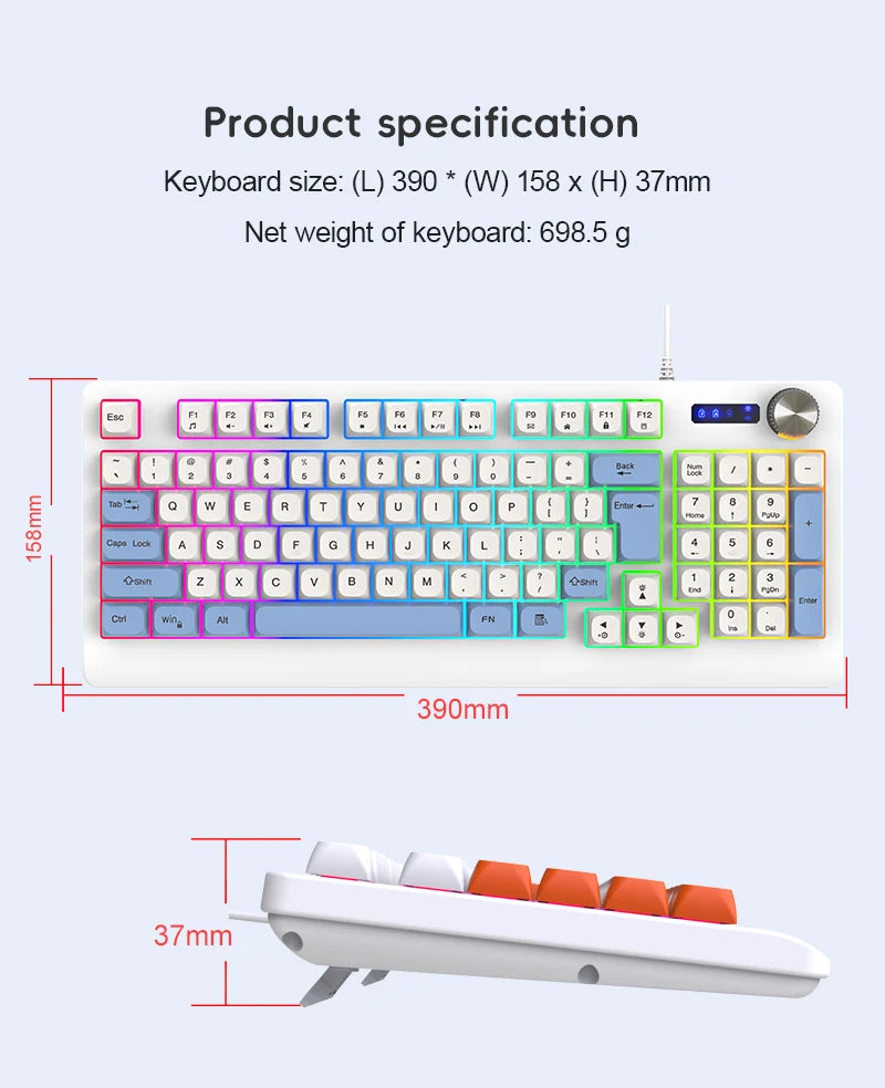 93 Keys Wired RGB Gaming Keyboard Two Tone PBT Ball Keycaps Mechanical Feeling Portable Keyboard for Laptop Office Gamer Typing
