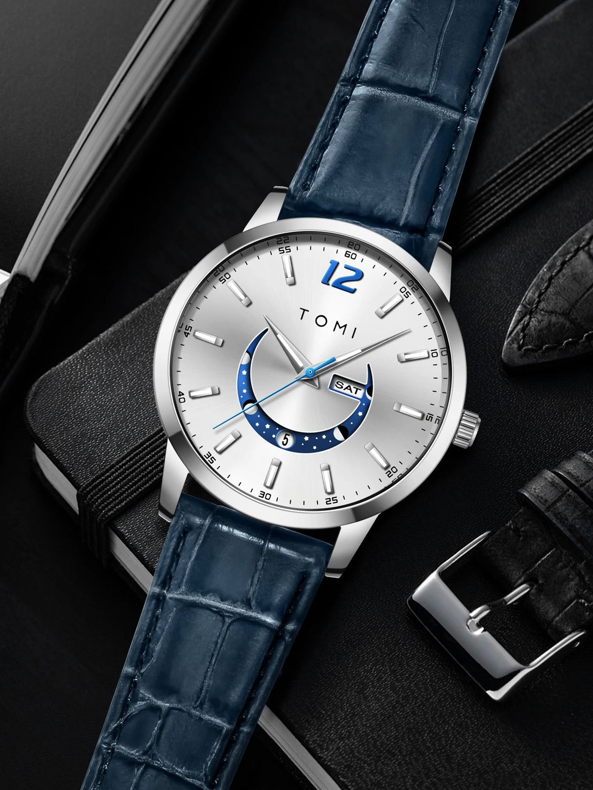 TOMI quartz watch, business-style and elegant, with a leather strap, alloy case and analogue dial – High-end design, a gift idea for men