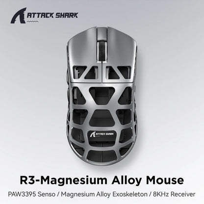 ATTACK SHARK R3 8KHz -magnesiumseoshiiri, PixArt PAW3395 -sensori, jopa 26000 DPI, 2.4G/BT/langallinen, 46g erittäin kevyt, PC/Mac-käyttöön