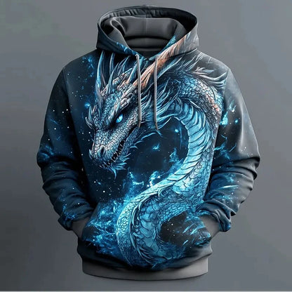 Herren-Hoodie mit Retro-Drachenmuster, 3D-Print, kreativem Design, langen Ärmeln, lässiger Pullover, modisch, cool, Oversize, atmungsaktive Kleidung