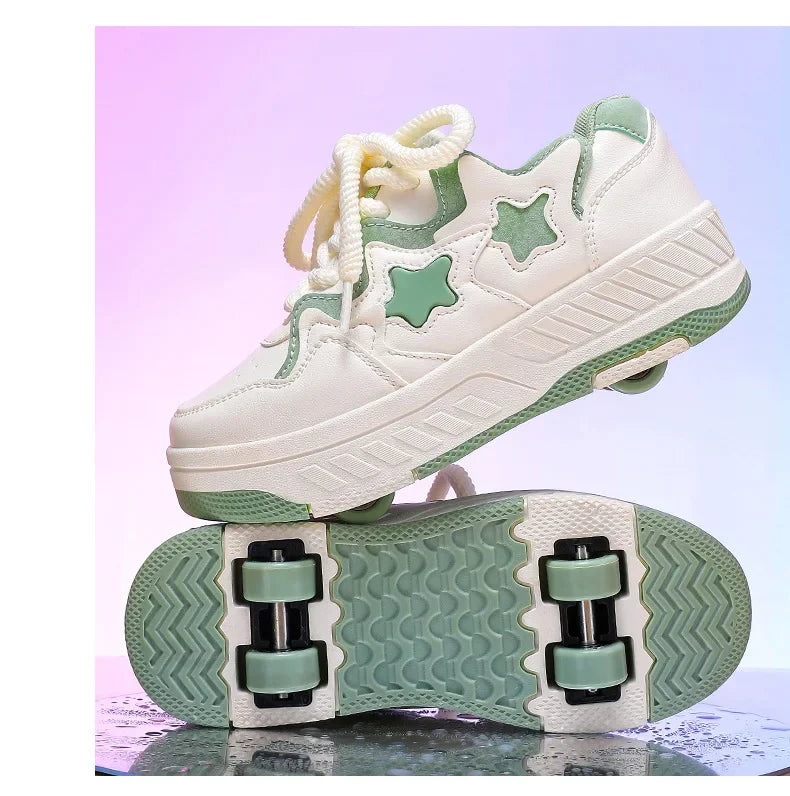 Chaussures de roller pour enfants - Roues rechargeables, couleurs tendance, finition brillante, pour les anniversaires, pour garçons et filles, chaussures décontractées deux-en-un