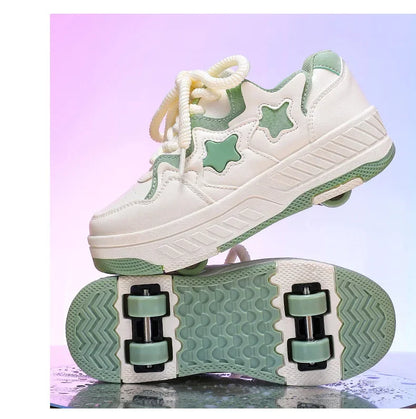 Chaussures de roller pour enfants - Roues rechargeables, couleurs tendance, finition brillante, pour les anniversaires, pour garçons et filles, chaussures décontractées deux-en-un