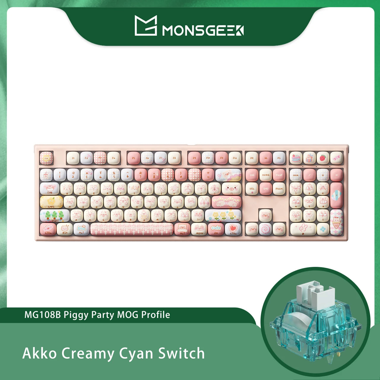 Tastiera meccanica wireless Akko MonsGeek MG108B Bun Wonderland, profilo MOG, RGB, 108 tasti, formato full size, hot swap, USB / 2.4G / BT 5.0