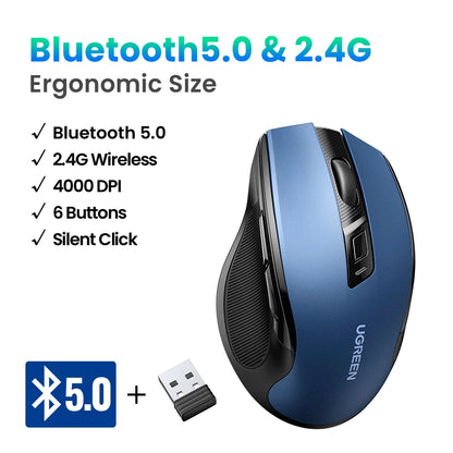 UGREEN Wireless Mouse Bluetooth 5.0 Ergonomic Mouse, 4000 DPI Silent Wireless Mouse with 2.4G USB Receiver, 6 Buttons for MacBook, Laptop, PC & Tablet