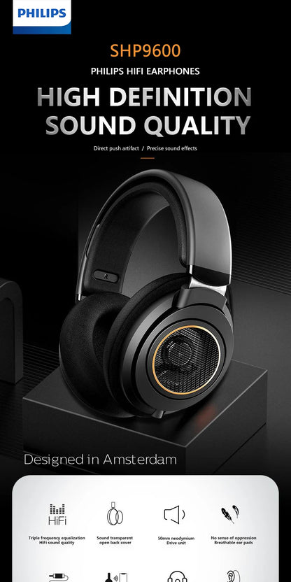 Original PHILIPS SHP9600 Wired HiFi Stereo Headphones Open-Back Over-Ear Gaming Headphones with 3.5mm & 6.3mm Audio Jack (SHP9500 Upgrade)