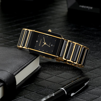 BERNY Ceramic Quartz Men Watch Fashion Luxury Rectangle Wristwatch XV12 Waterproof Calendar Diamon Black Gold Couple Gifts Watch