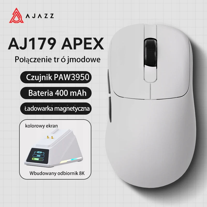 AJAZZ AJ179 APEX Gaming Mouse with Color Screen Dock, Tri-Mode Wireless Gaming Mouse, PAW3950 Sensor, 8000Hz Polling Rate, Magnetic Charging