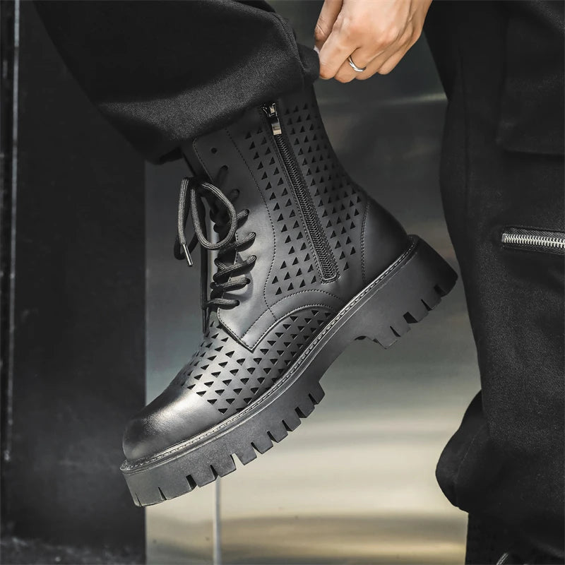 Non-Slip Men's High Top Casual Leather Shoes Street Style Motorcycle Boots New Stylish Ankle Boots Thick Bottom Walking Footwear