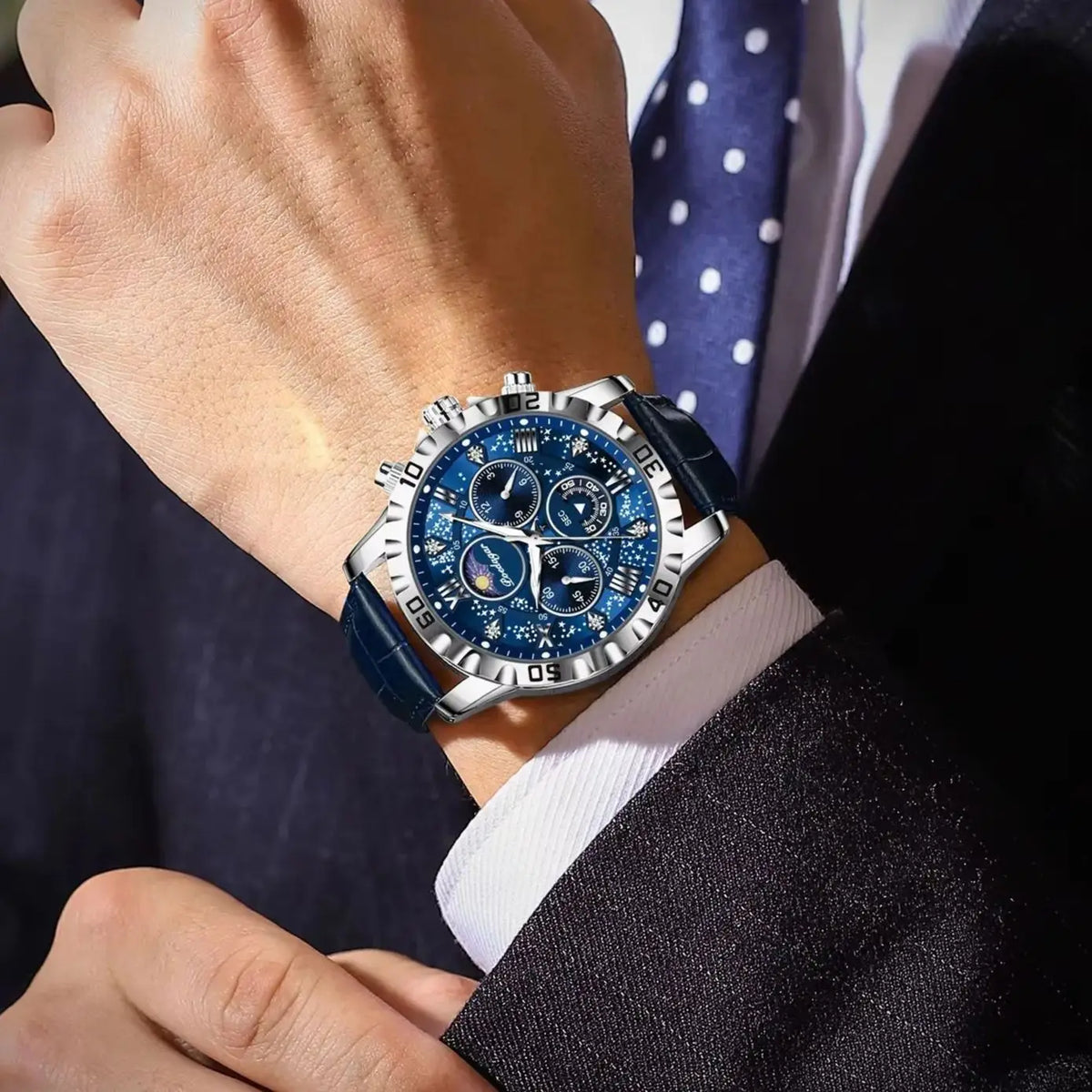 Luksusowy zegarek na rękę POEDAGAR dla mężczyzn – sportowy chronograf, wodoodporny i podświetlany, z skórzanym paskiem, mechanizm kwarcowy