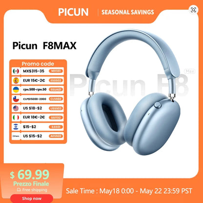 Picun F8MAX ANC Wireless Headphones 59dB Noise Cancelling Bluetooth 6.0 Over Ear Headset with Spatial Audio, 180H Battery Life & HiFi Sound