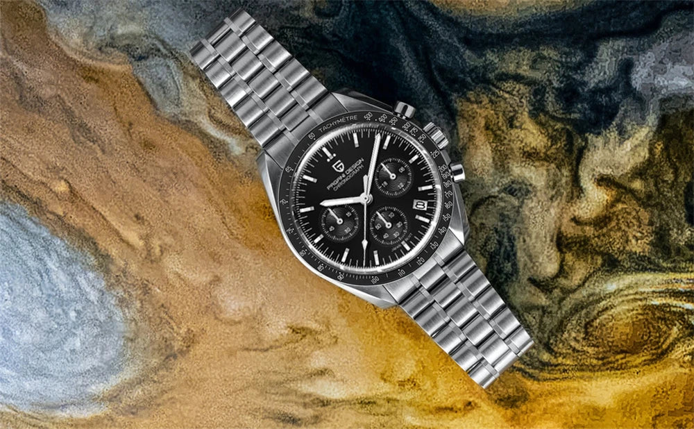 Zegarek męski PAGANI DESIGN „New Moon” – luksusowy zegarek kwarcowy, chronograf, szkło szafirowe z powłoką antyrefleksyjną, ceramiczna ramka, świecące wskazówki