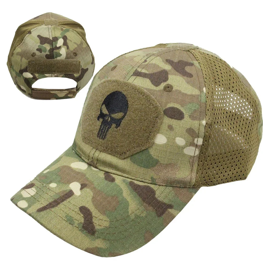 Camouflage-baseballkasket i netstof, åndbar, specialstyrke-taktisk camouflagehat med dødningehoved og and-skærm