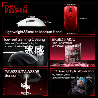 Delux M800mini Wireless Gaming Mouse 46g Lightweight PAW3395 Sensor 26000 DPI, 1000Hz Polling Rate Gaming Mouse for PC Gamer