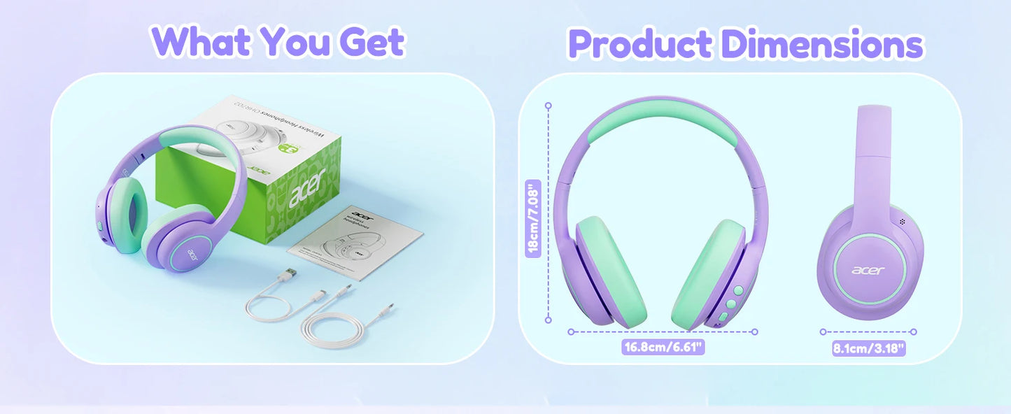 Acer Kids Bluetooth 6.0 Headphones with Mic, 75H Playtime, 85dBA Safe Volume Over-Ear Wireless Headphones, USB-C Fast Charging for iPad, Tablet & School