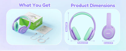 Acer Kids Bluetooth 6.0 Headphones with Mic, 75H Playtime, 85dBA Safe Volume Over-Ear Wireless Headphones, USB-C Fast Charging for iPad, Tablet & School