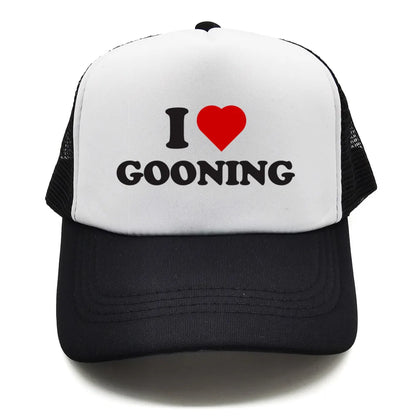 Sjove „I Love Gooning“-baseballkasketter – Cool sommerhat til mænd i netstof – Humoristisk truckerkasket – Unisex udendørs kasketter i netstof – MZ-080