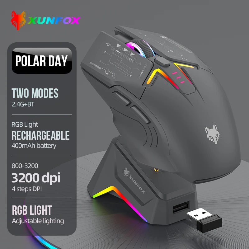 XUNSVFOX H2 trådlös Bluetooth-mus med dubbla lägen, RGB-belysning, för laptop, gaming och kontor, magnetisk laddning