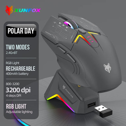 XUNSVFOX H2 trådlös Bluetooth-mus med dubbla lägen, RGB-belysning, för laptop, gaming och kontor, magnetisk laddning