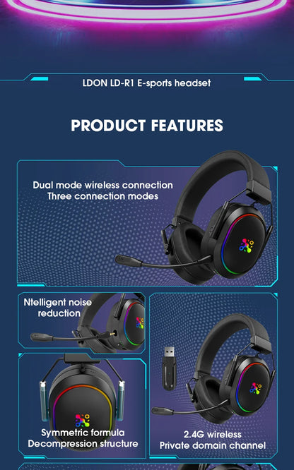 LDON Wireless Gaming Headset PS5 PS4 Bluetooth 2.4GHz Headphones 3D Surround Sound Noise Cancelling Mic Low Latency