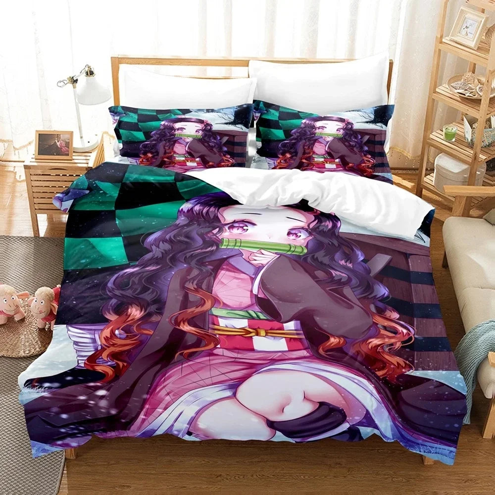 Nezuko Kamado Bedding Set Anime Demon Slayer Duvet Cover Comforter Bed Linen Single Twin Full Queen Size 3d Kids Girl Boys Gift