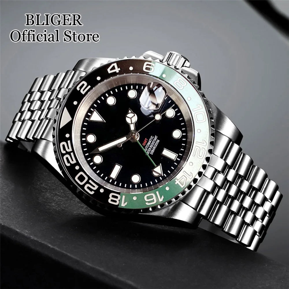 NH34A 200M Waterproof 40mm NH34 GMT Sapphire Luminous Automatic Movement Diving Watch Men Steel Bracelet Black Grey Insert