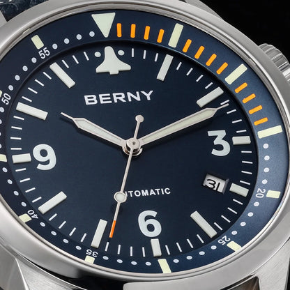 BERNY Men's Automatic Diver Watch Supper Luminous Sapphire AR Coated MlYOTA 8215 Leather Strap Mechanical Diving Watches for Men