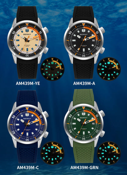 BERNY Men's Dive Watches 200M Waterproof Super Luminous Automatic Mechanical Diver Watch 42mm Sapphire Swim Diving Wristwatch