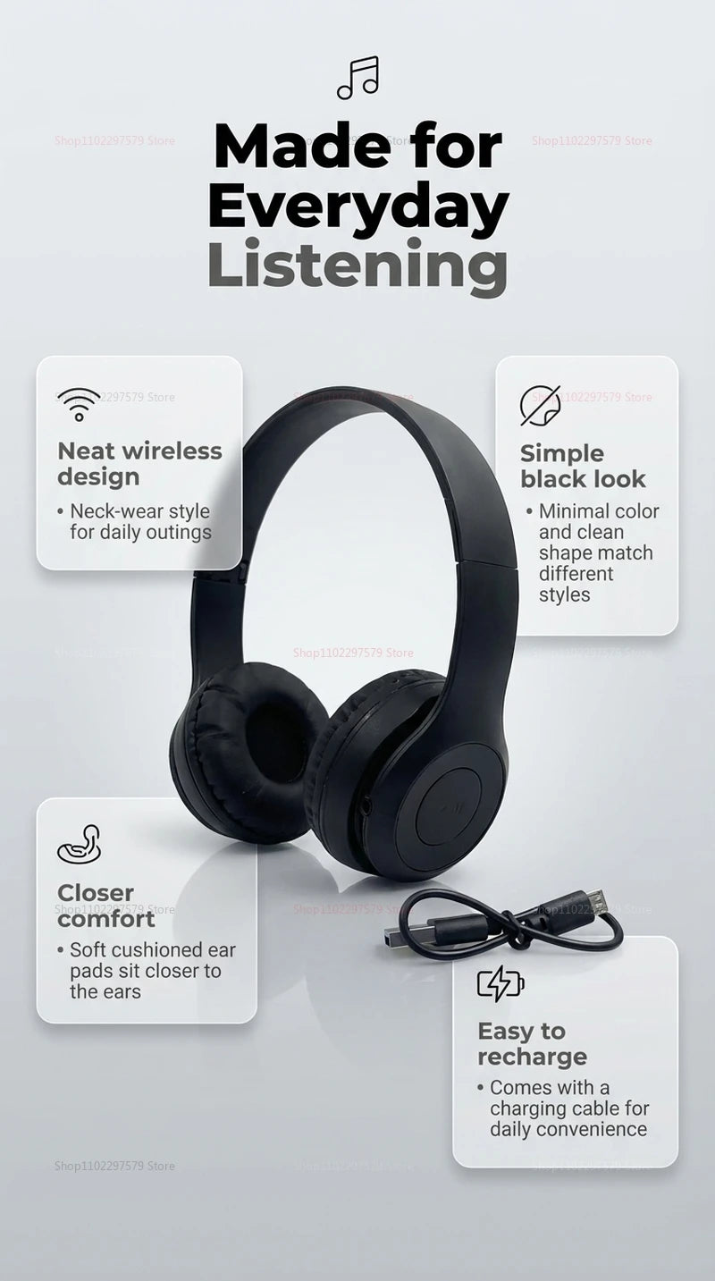 Bluetooth 5.0 Wireless Headphones Foldable Over-Ear Headset with HiFi Stereo Sound, Bluetooth 5.0 Wireless Headphones with Soft Skin-Friendly Earmuffs & Microphone