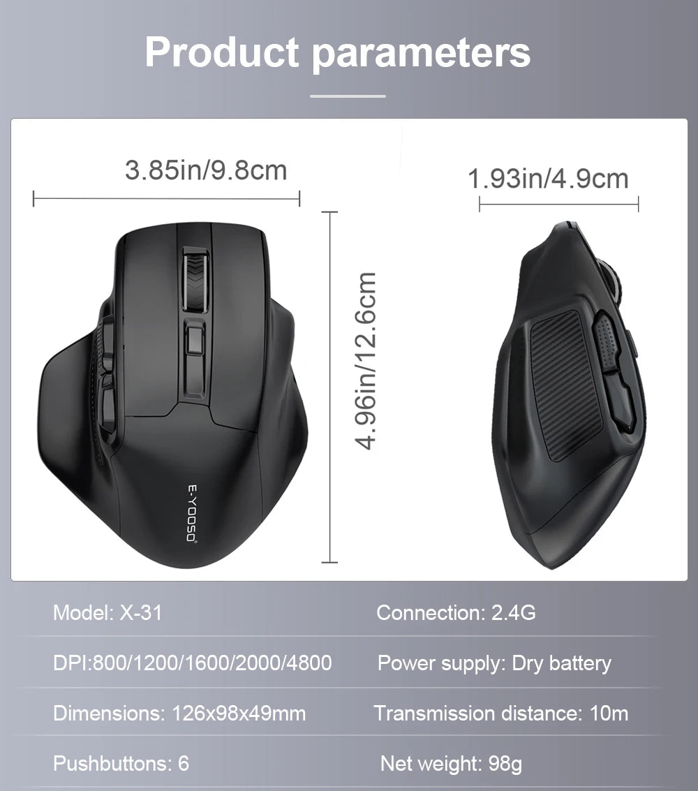 E-YOOSO X-31 Wireless Gaming Mouse for Big Hands, USB 2.4G Ergonomic Gaming Mouse, 4800 DPI Optical Mouse with 5 Buttons for PC & Laptop
