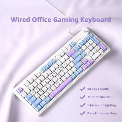 Kablet gaming-tastatur med mekanisk tastfølelse og drejeknap samt trefarvet blandet baggrundsbelysning til PC, stationær computer og bærbar computer – tilbehør