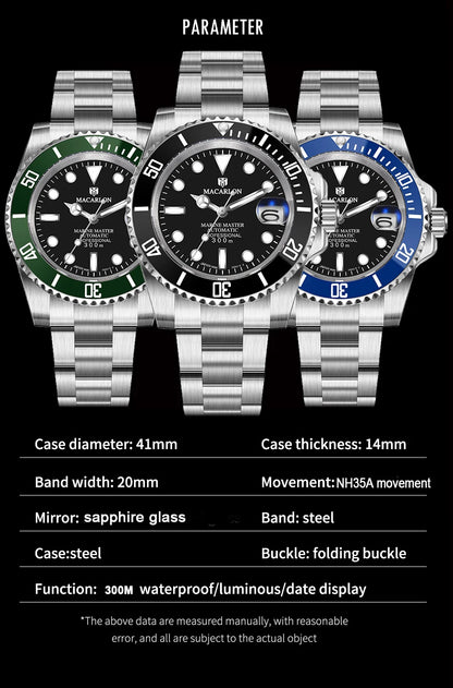 MACARLON Design New 41mm Mechanical Watch Men Sapphire Glass Luminous Stainless Steel Waterproof China NH35 Automatic Watch TOP